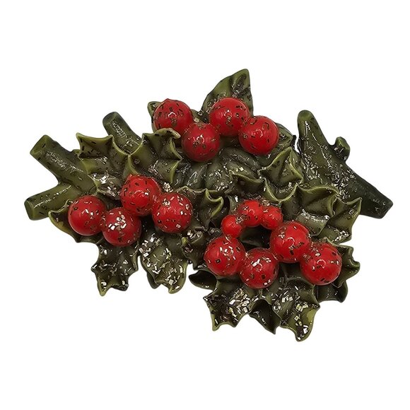 Vtg Christmas Poinsettia Brooch Pin 50s Celluloid Green Red Plastic HollyBerry - Picture 1 of 8